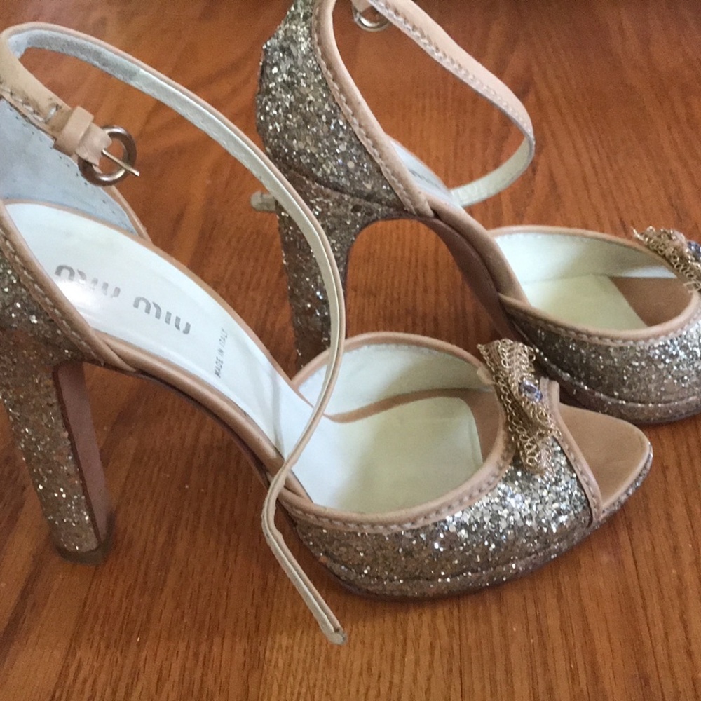 Miu Miu gold sparkle open toe heels